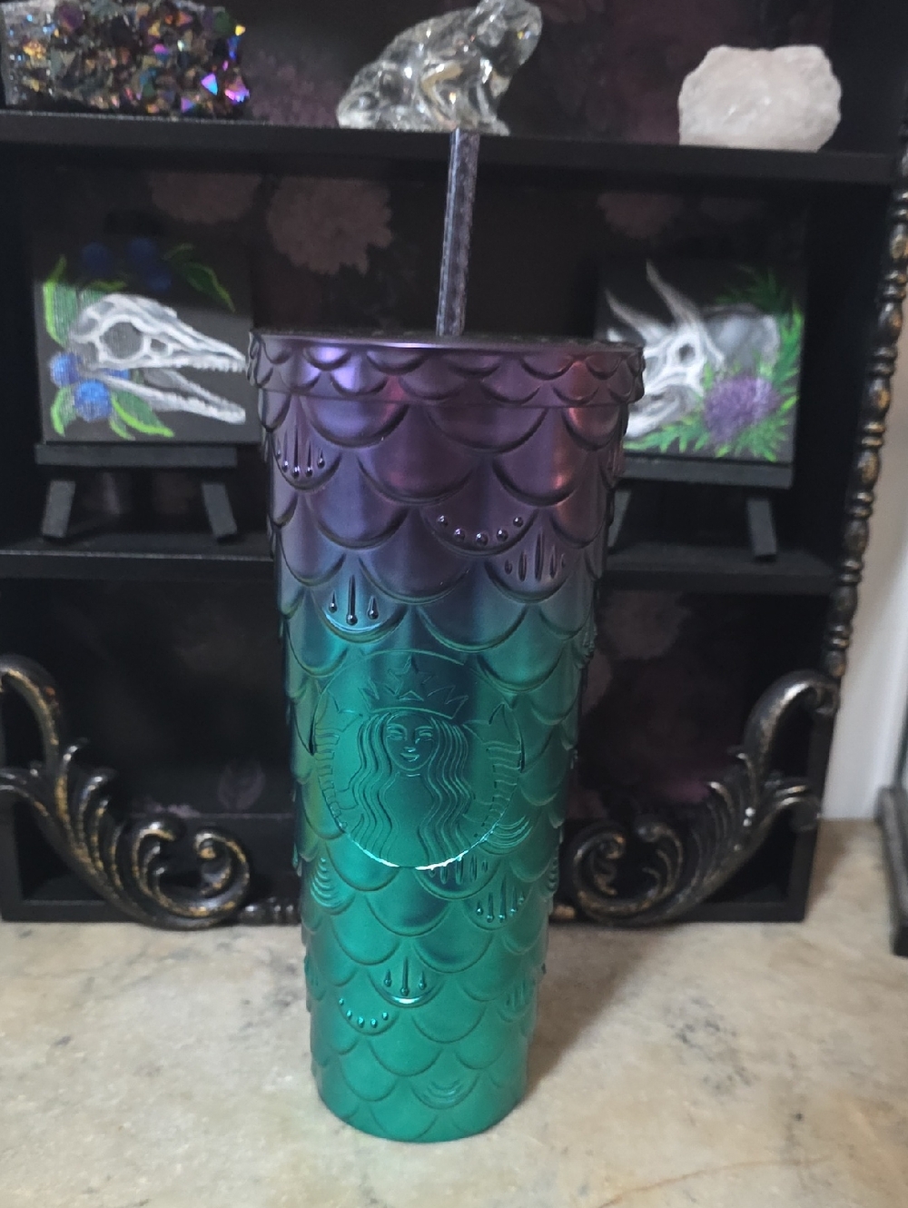 Starbucks Iridescent Teal and Purple Mermaid Scale Tumbler with Straw